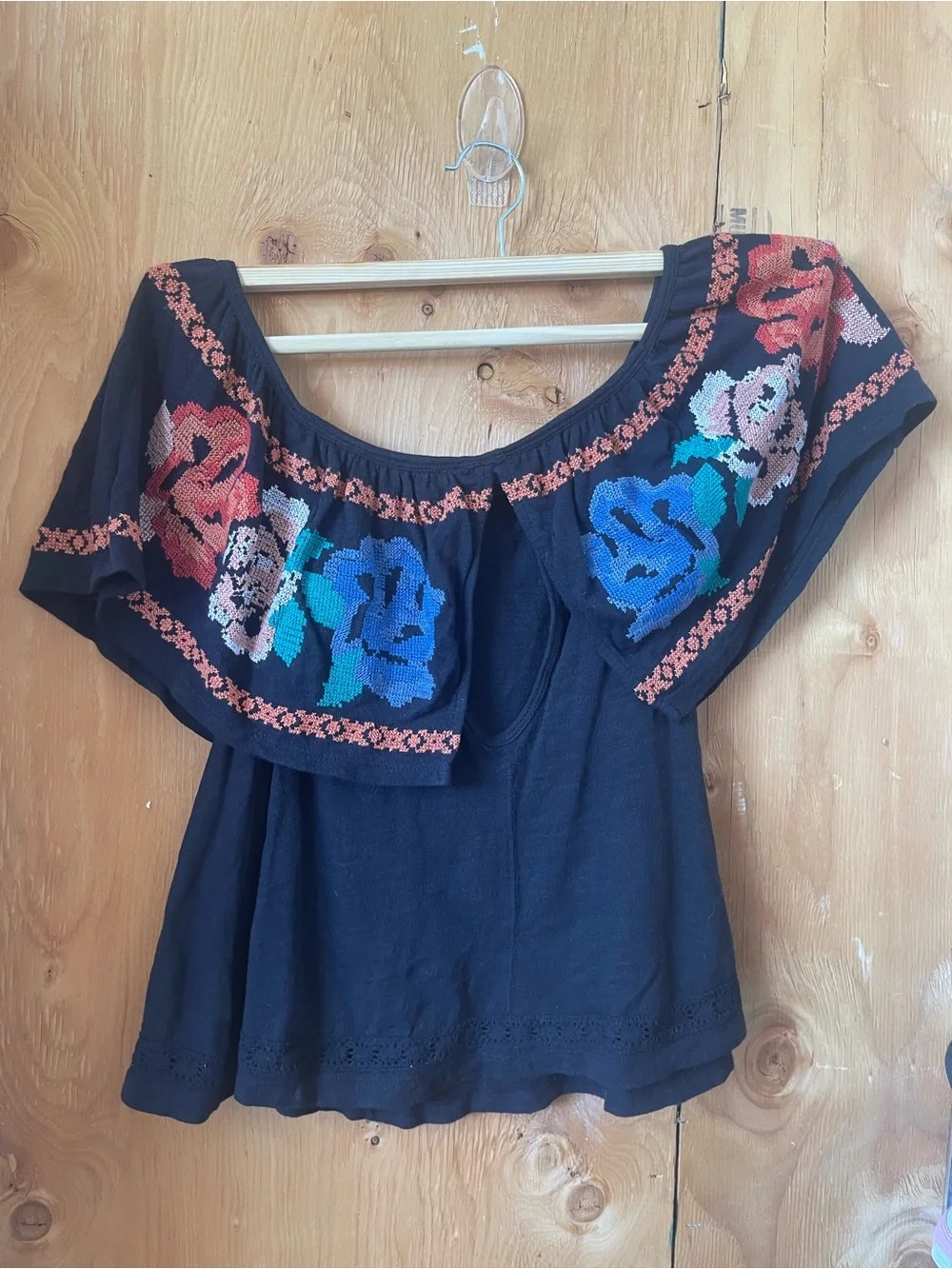 Free People Black Off-Shoulder Top with Multicolor Floral Embroidery